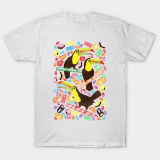 Toucandy - rainbow gummies, jelly beans and licorice surround tropical toucans on candy canes T-Shirt